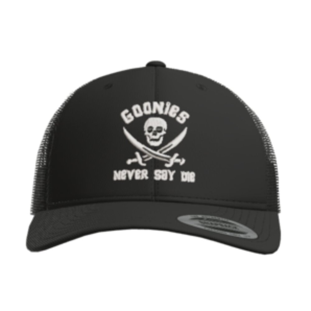 Never Say Die Hat Embroidered Black YP Retro Trucker Mesh Snapback 80s Goonies